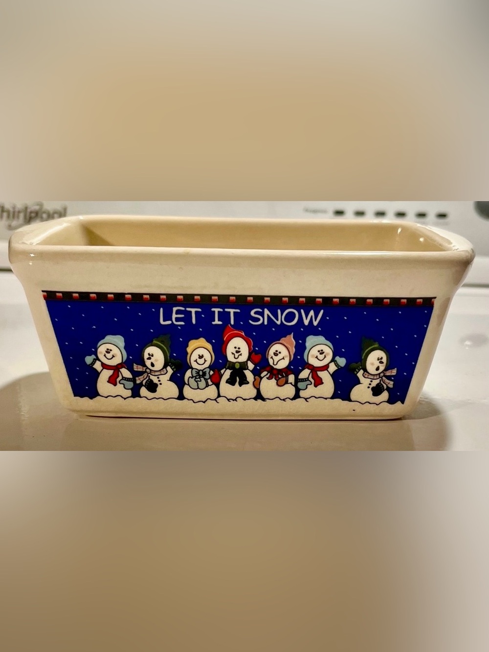 Holiday 'Let It Snow' Snowman Ceramic Serving miniture loaf dish- Cream and Blue